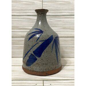 Salt Glaze Gray & Blue Vase With Brushstroke Design Handmade 5.75" Tall